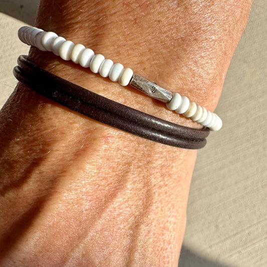 White turquoise leather wrap bracelet, genuine leather
