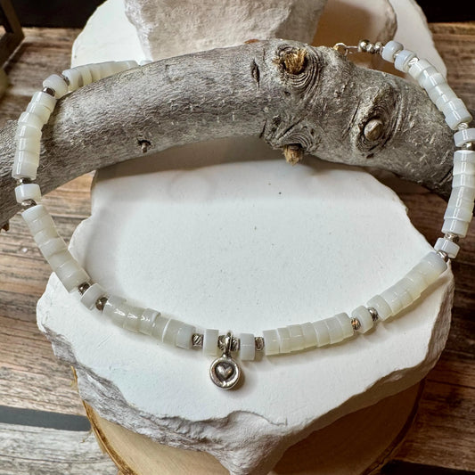 Mother of pearl sterling silver ankle bracelet with heart charm / ankle bracelet