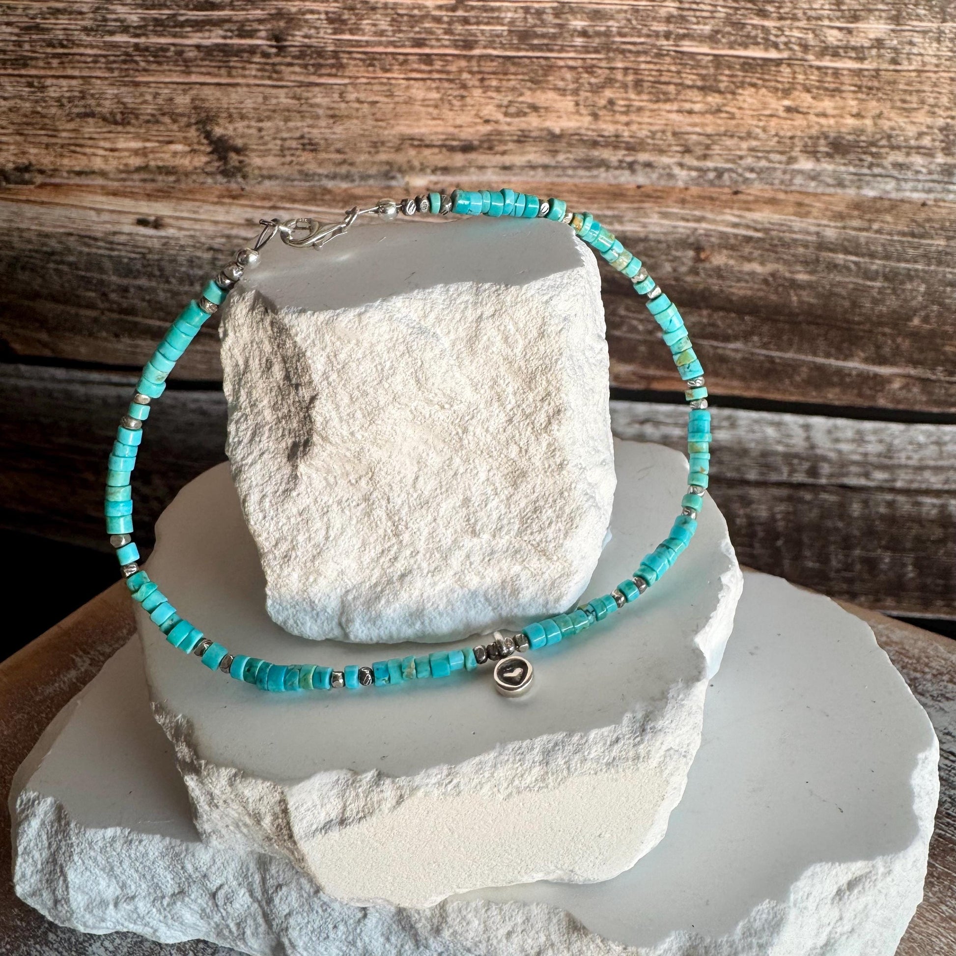 Turquoise Sterling Silver Ankle Bracelet, Heart Charm Ankle Bracelet, Sterling Ankle Jewelry, Gift for Her, Ankle Accessory, Gift Idea