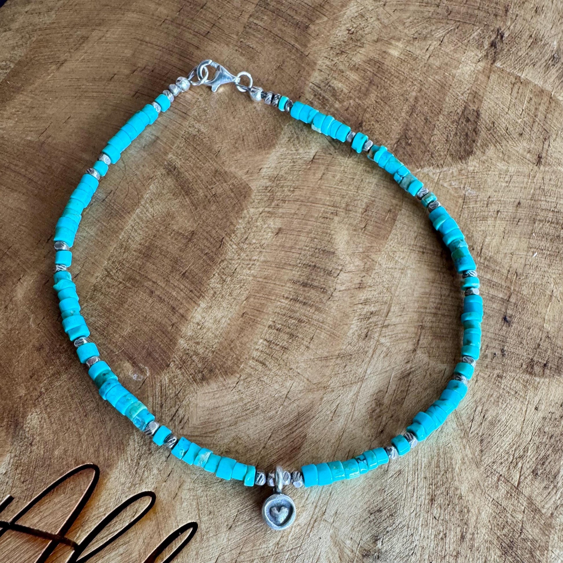 Turquoise Sterling Silver Ankle Bracelet, Heart Charm Ankle Bracelet, Sterling Ankle Jewelry, Gift for Her, Ankle Accessory, Gift Idea