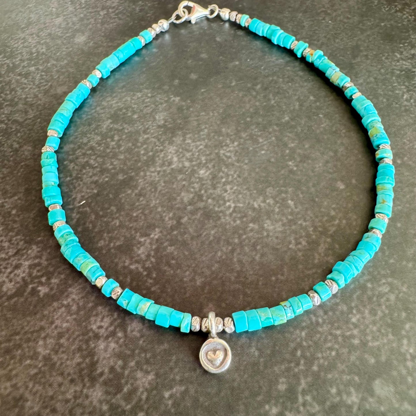 Turquoise Sterling Silver Ankle Bracelet, Heart Charm Ankle Bracelet, Sterling Ankle Jewelry, Gift for Her, Ankle Accessory, Gift Idea
