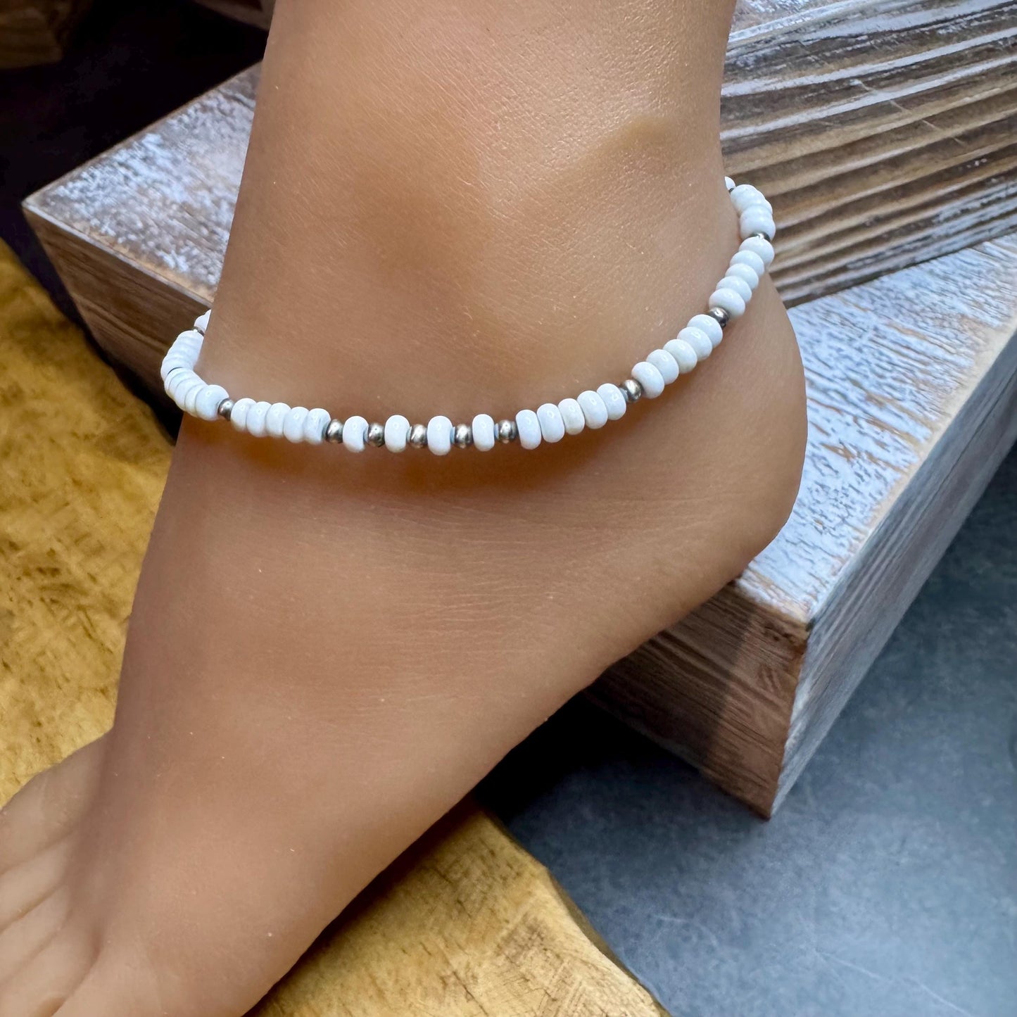 Navajo Pearl and White Turquoise Anklet, Navajo Pearl Ankle Bracelet, Beaded Ankle Jewelry, Southwestern Gift, Tribal Anklet