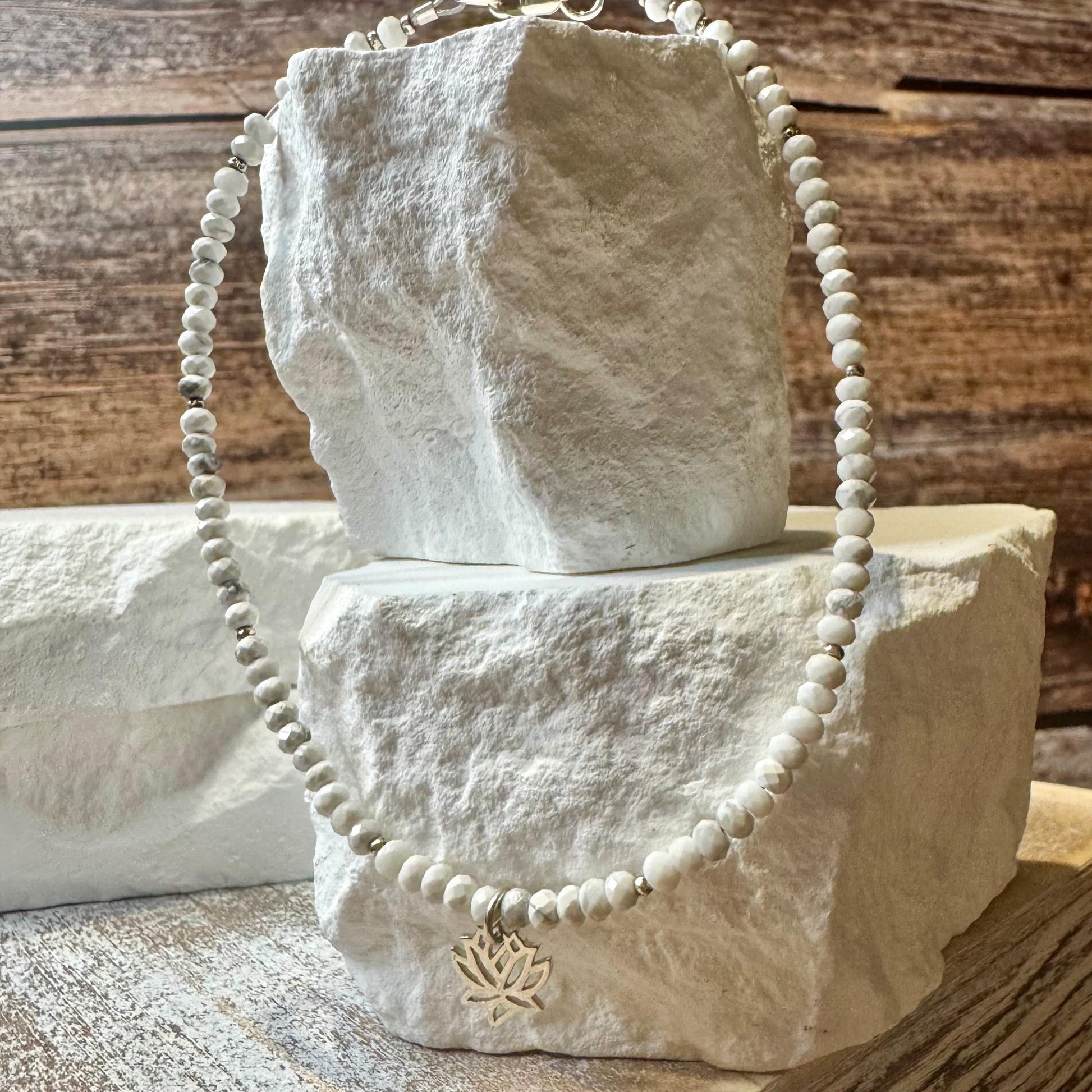 White Howlite Anklet with Lotus Flower Charm, Sterling Silver Gemstone Bracelet, Yoga Jewelry, Gift for Her, Nature Jewelry, Summer Anklet