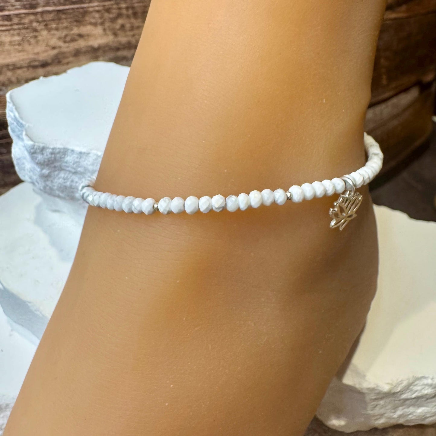White Howlite Anklet with Lotus Flower Charm, Sterling Silver Gemstone Bracelet, Yoga Jewelry, Gift for Her, Nature Jewelry, Summer Anklet