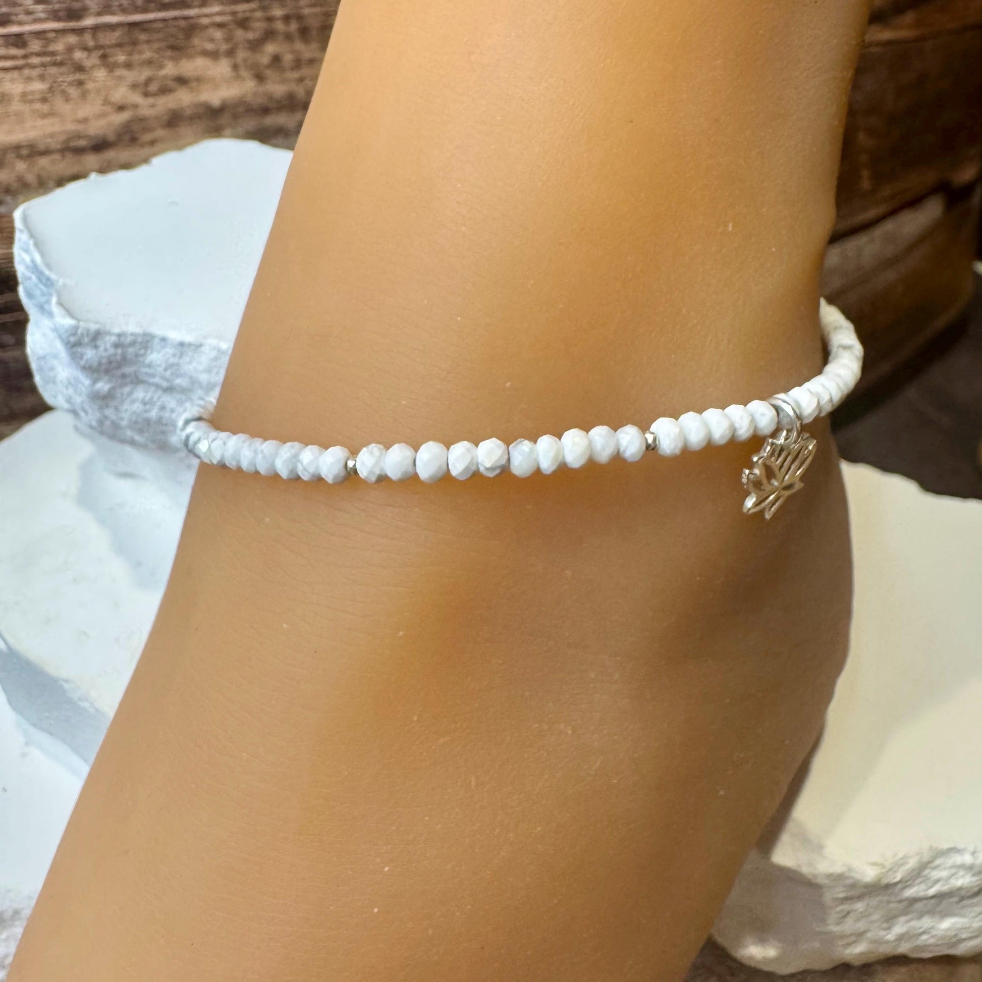 White Howlite Anklet with Lotus Flower Charm, Sterling Silver Gemstone Bracelet, Yoga Jewelry, Gift for Her, Nature Jewelry, Summer Anklet