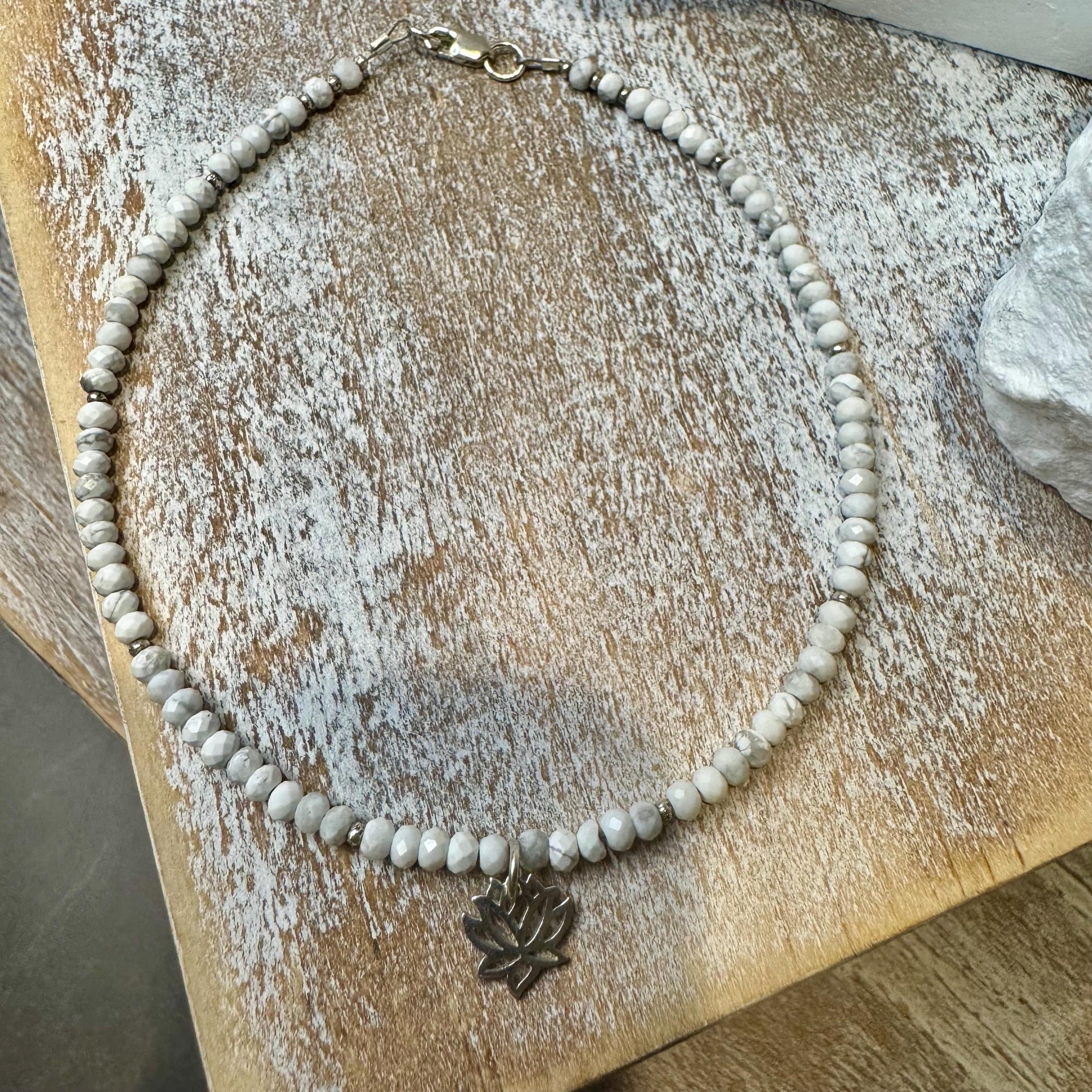 White Howlite Anklet with Lotus Flower Charm, Sterling Silver Gemstone Bracelet, Yoga Jewelry, Gift for Her, Nature Jewelry, Summer Anklet
