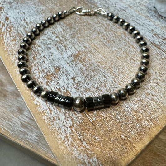 Navajo Pearl Bracelet with Black Onyx, Hematite Beaded Bracelet, Sterling Silver Bracelet, Gemstone Jewelry, Bracelet Gift