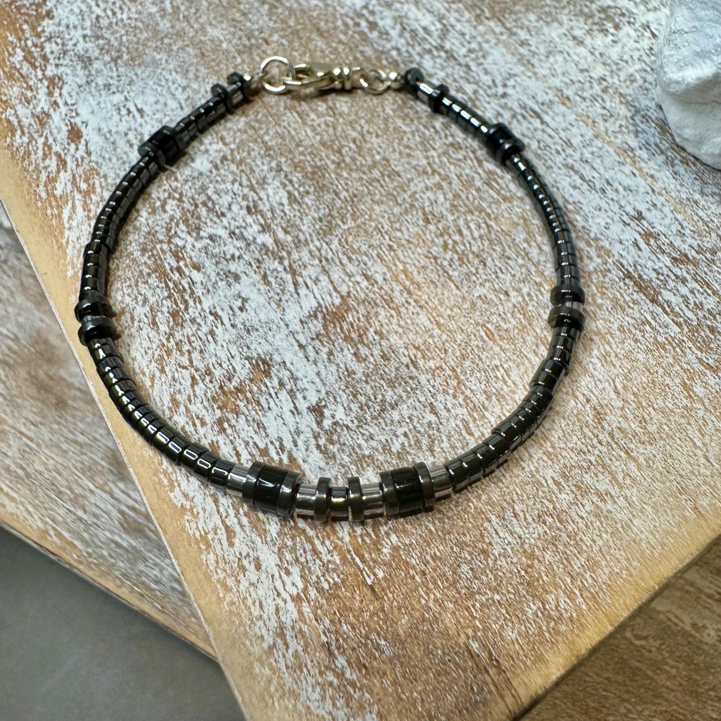 Hematite and Black Onyx Bracelet, Sterling Silver Beaded Bracelet, Gemstone Jewelry, Men's Bracelet, Gift for Him