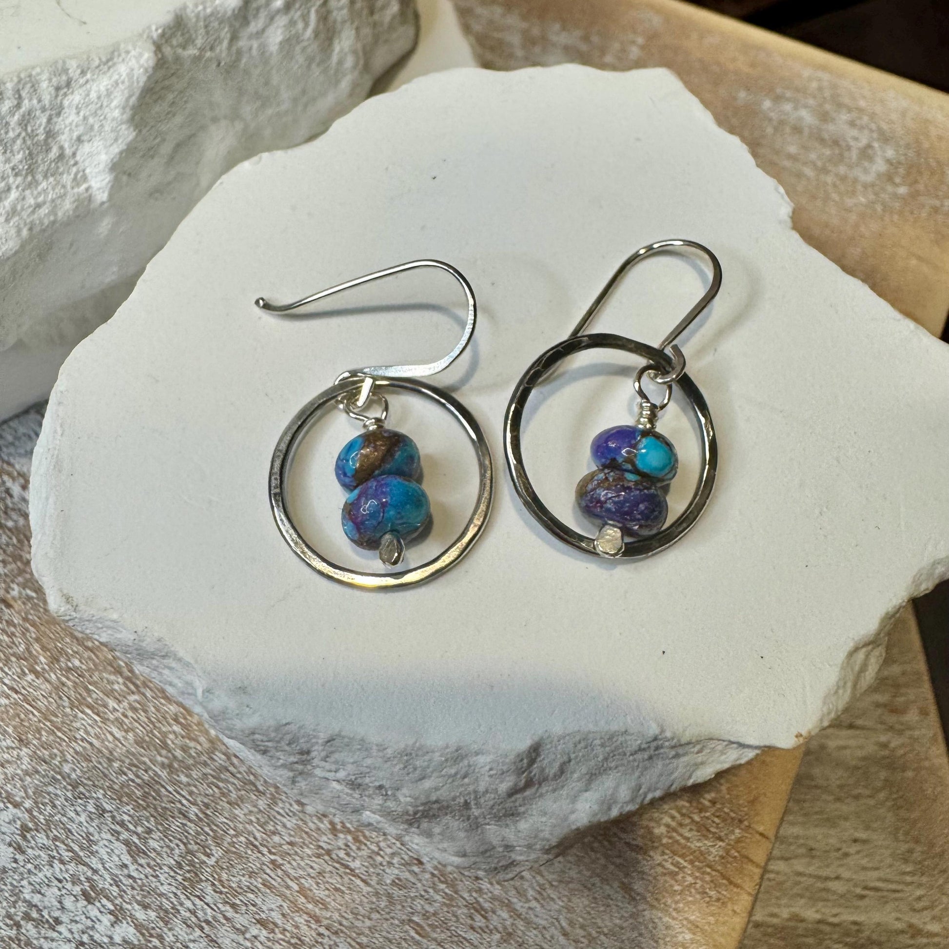 Sterling Silver Purple Turquoise Earrings, Oxidized Sterling Silver Circles Dangle, Spotted Mohave Gemstone, Unique Jewelry, Women's Gift