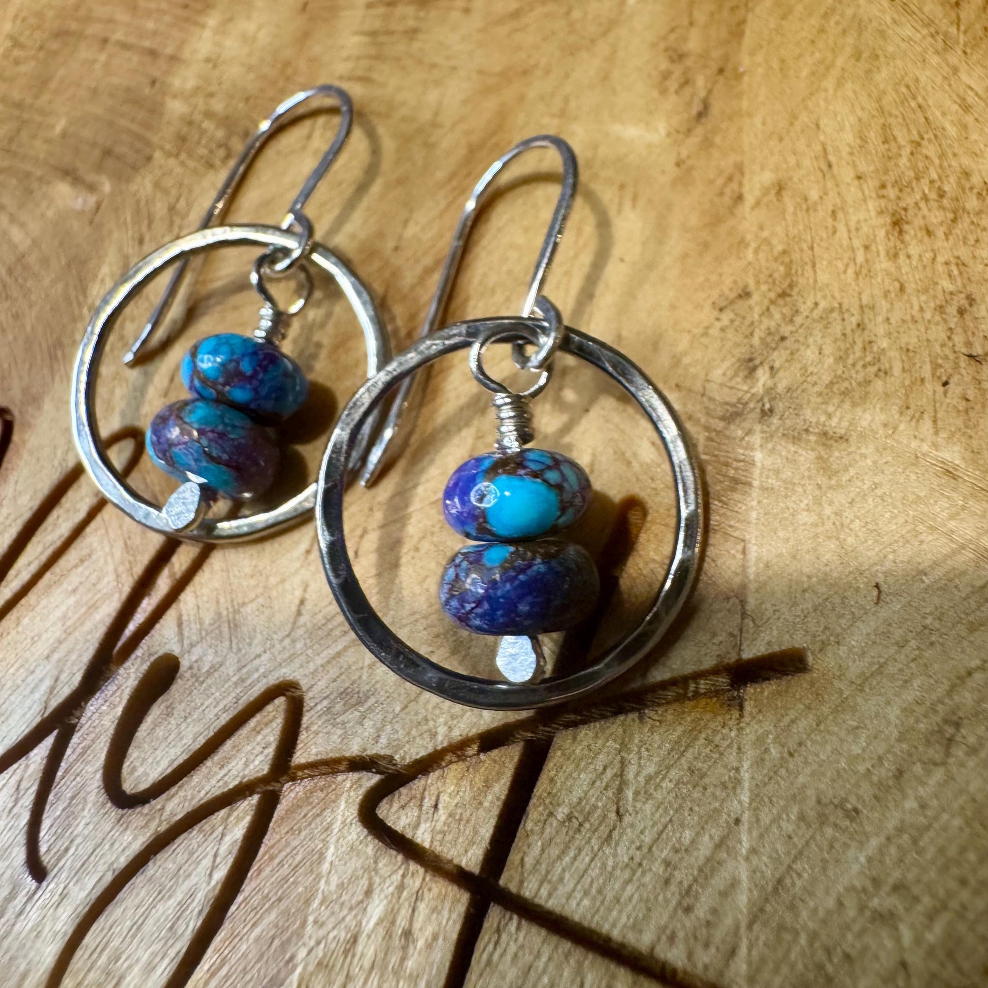 Sterling Silver Purple Turquoise Earrings, Oxidized Sterling Silver Circles Dangle, Spotted Mohave Gemstone, Unique Jewelry, Women's Gift