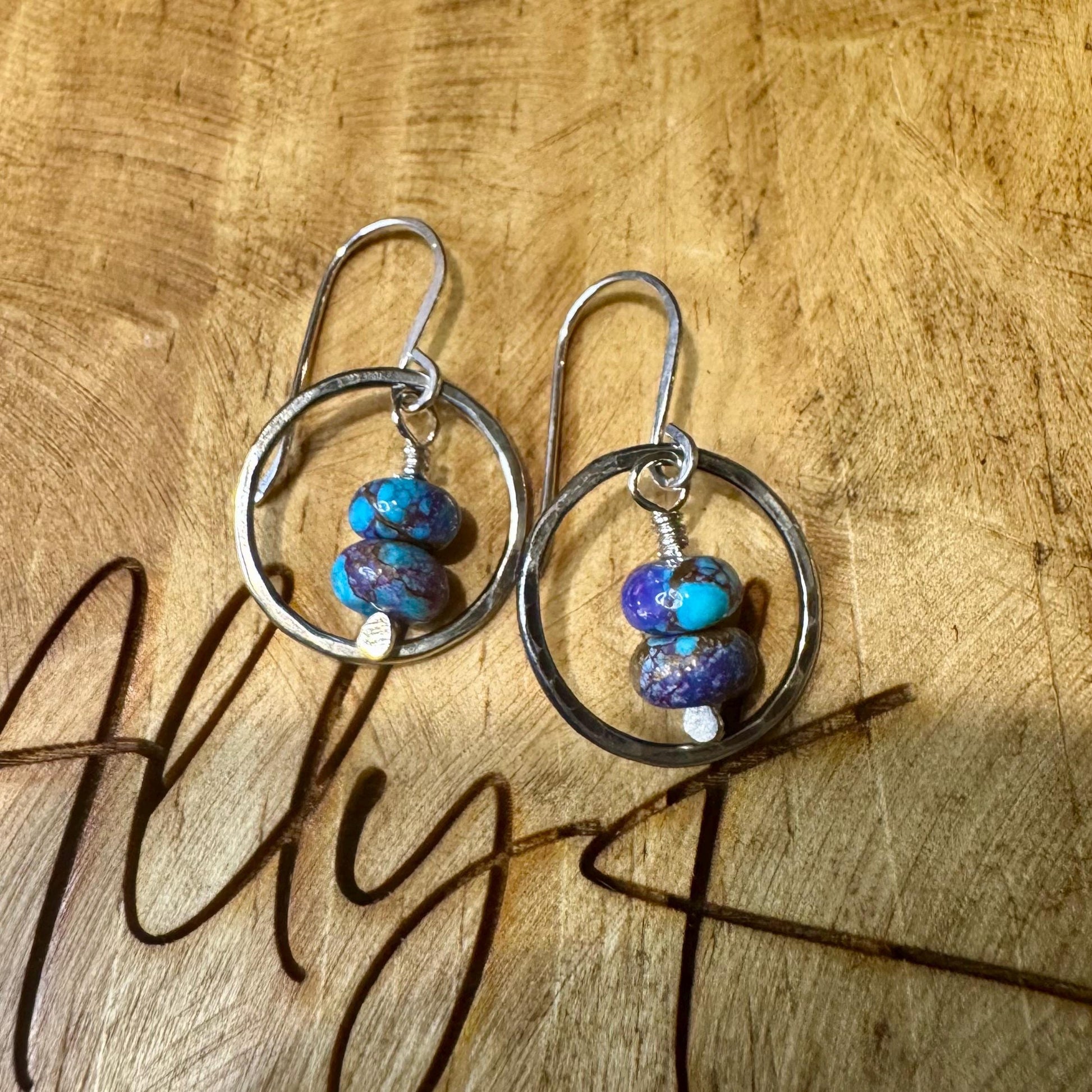 Sterling Silver Purple Turquoise Earrings, Oxidized Sterling Silver Circles Dangle, Spotted Mohave Gemstone, Unique Jewelry, Women's Gift
