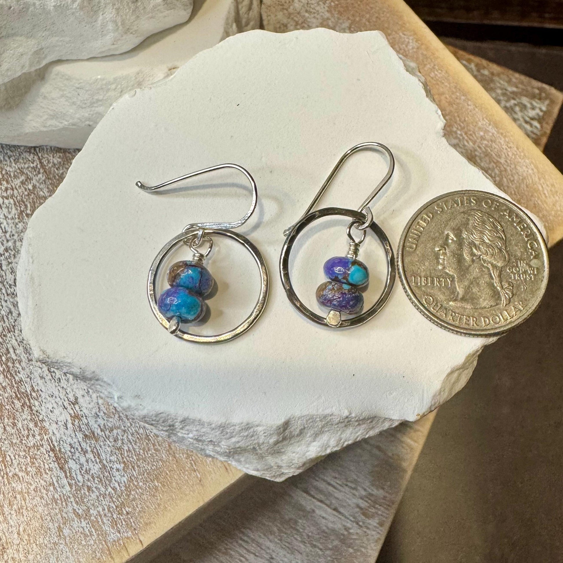 Sterling Silver Purple Turquoise Earrings, Oxidized Sterling Silver Circles Dangle, Spotted Mohave Gemstone, Unique Jewelry, Women's Gift