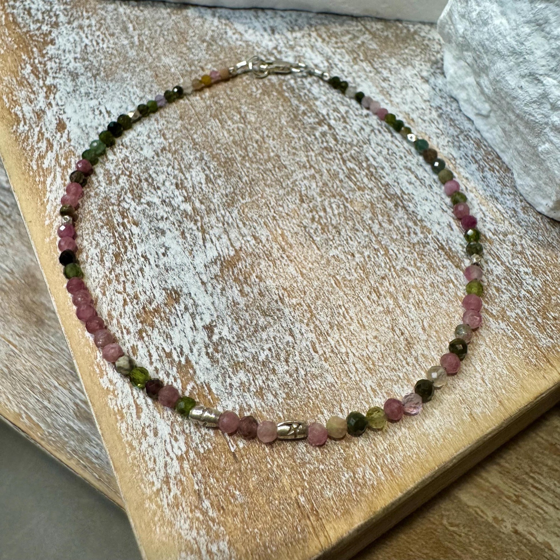 Pink and Green Tourmaline Anklet, Sterling Silver Spacers, Gemstone Ankle Bracelet, Women's Jewelry, Gift Idea