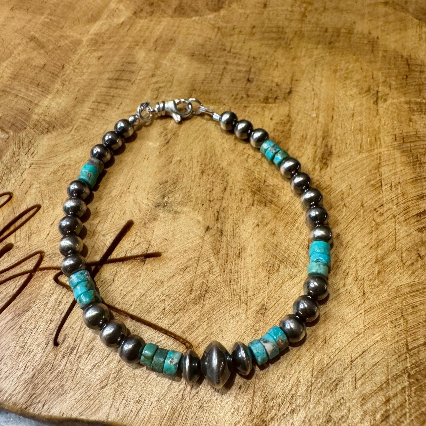 Natural Blue Green Brown Turquoise with Navajo Pearls, Sterling Silver Beaded Jewelry, Gemstone Bracelet, Turquoise Gift