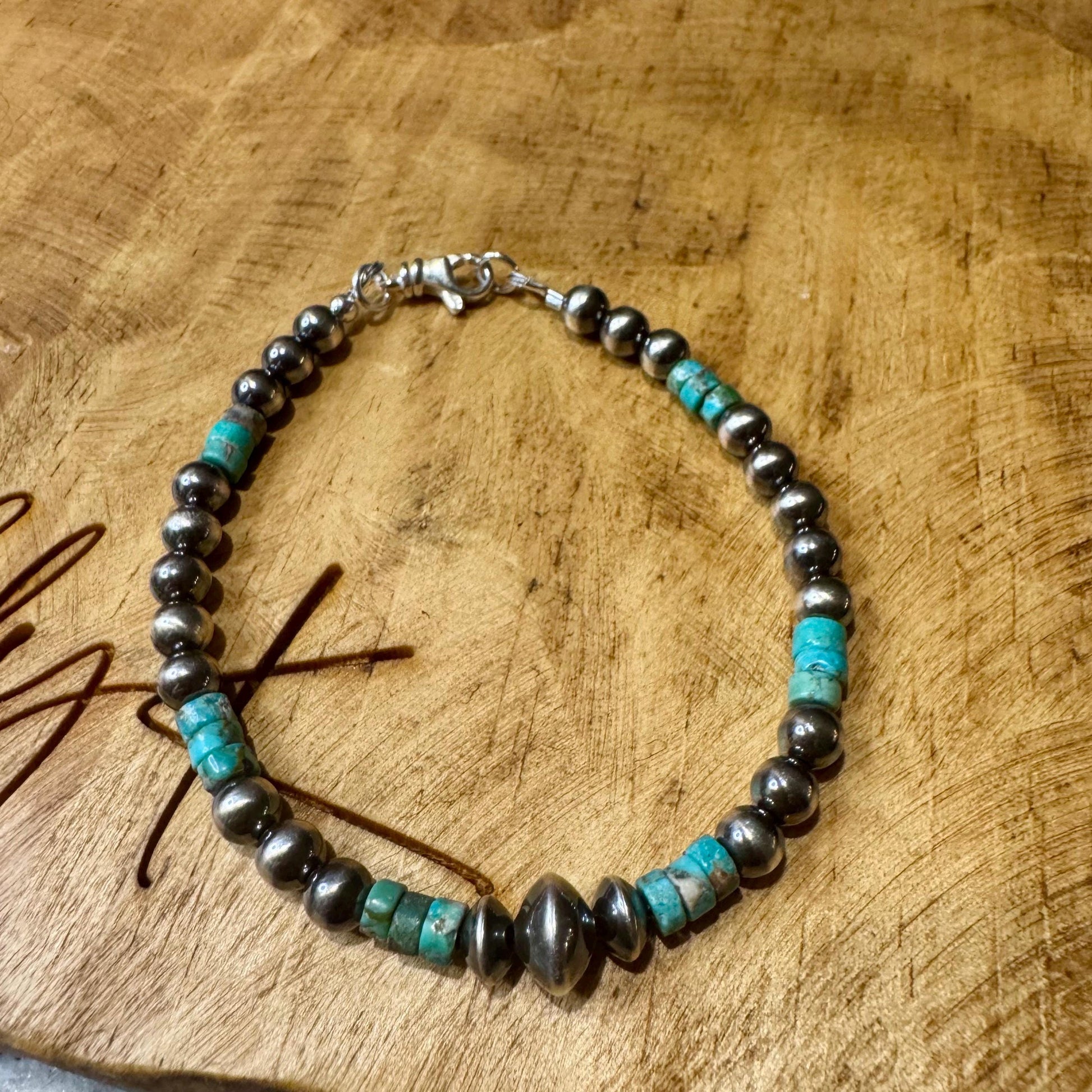 Natural Blue Green Brown Turquoise with Navajo Pearls, Sterling Silver Beaded Jewelry, Gemstone Bracelet, Turquoise Gift
