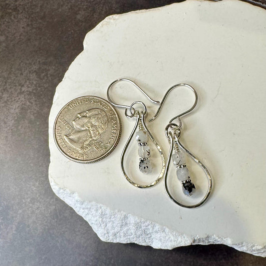 Rainbow Moonstone Dangle Earrings, Sterling Silver Earrings, Teardrop Earrings, Moonstone with Black Tourmaline, Moonstone Jewelry