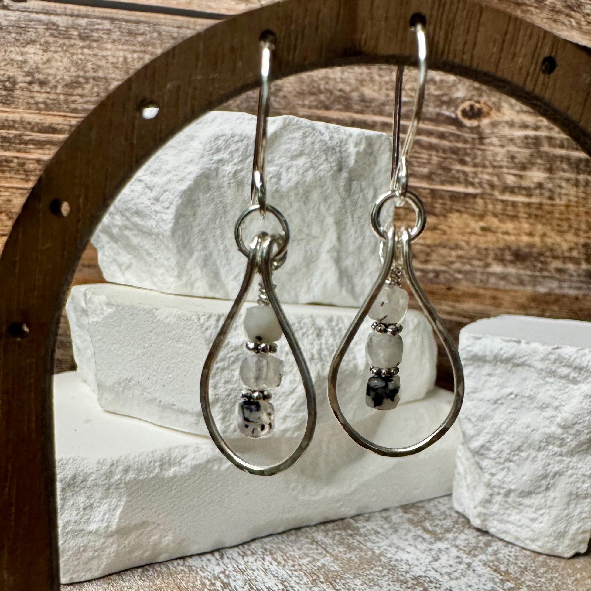 Rainbow Moonstone Dangle Earrings, Sterling Silver Earrings, Teardrop Earrings, Moonstone with Black Tourmaline, Moonstone Jewelry