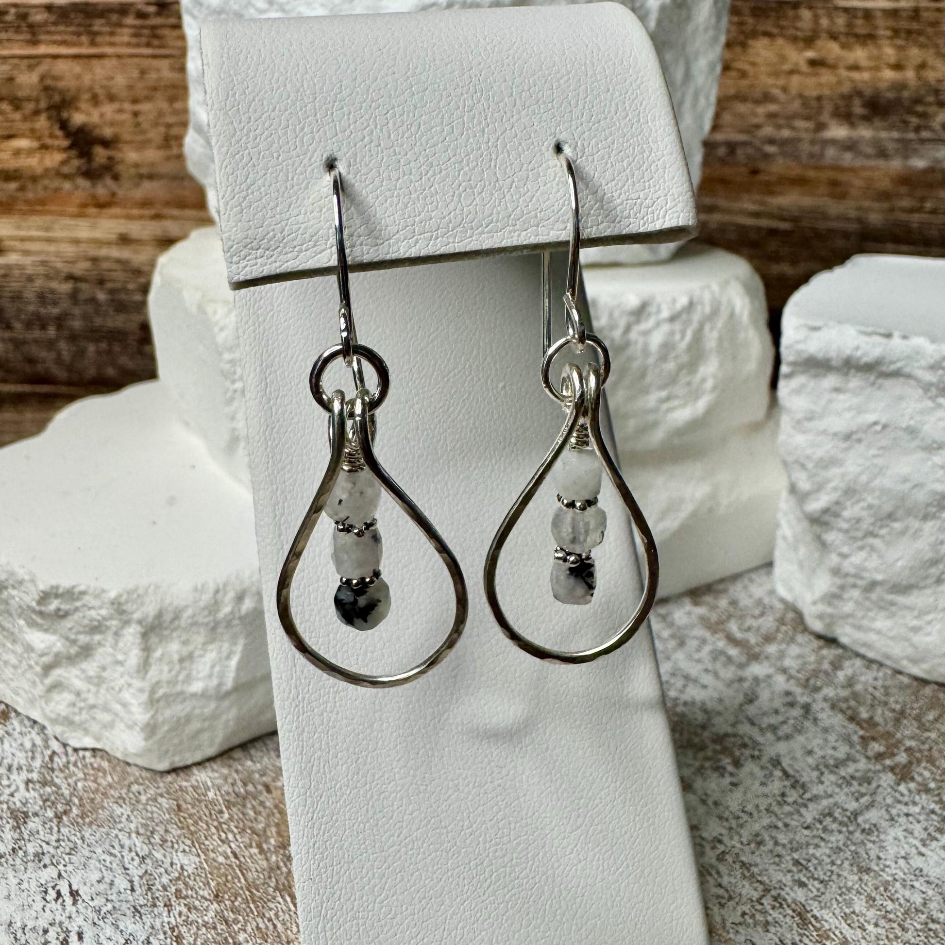 Rainbow Moonstone Dangle Earrings, Sterling Silver Earrings, Teardrop Earrings, Moonstone with Black Tourmaline, Moonstone Jewelry