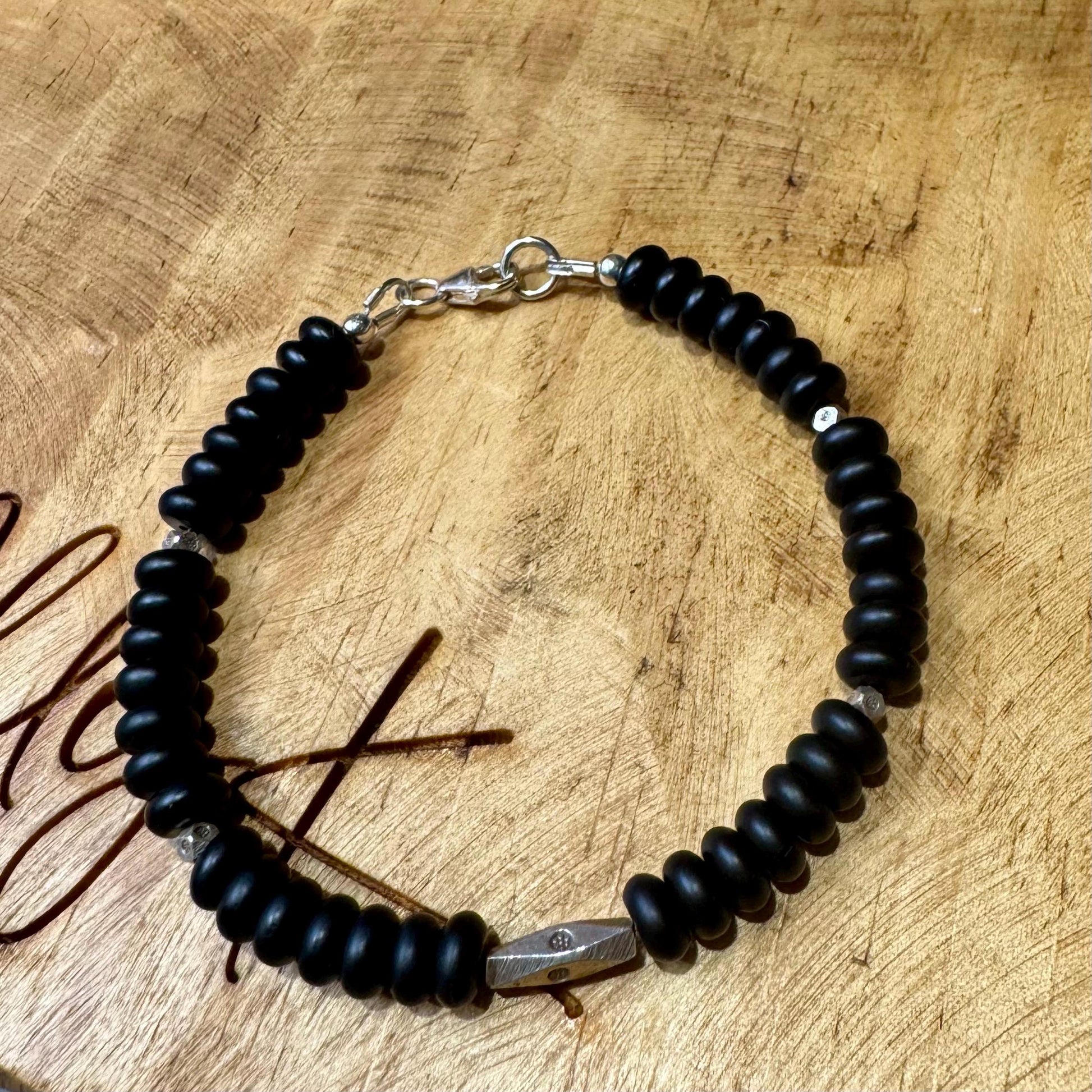 Black onyx sterling silver beaded / gemstone bracelet
