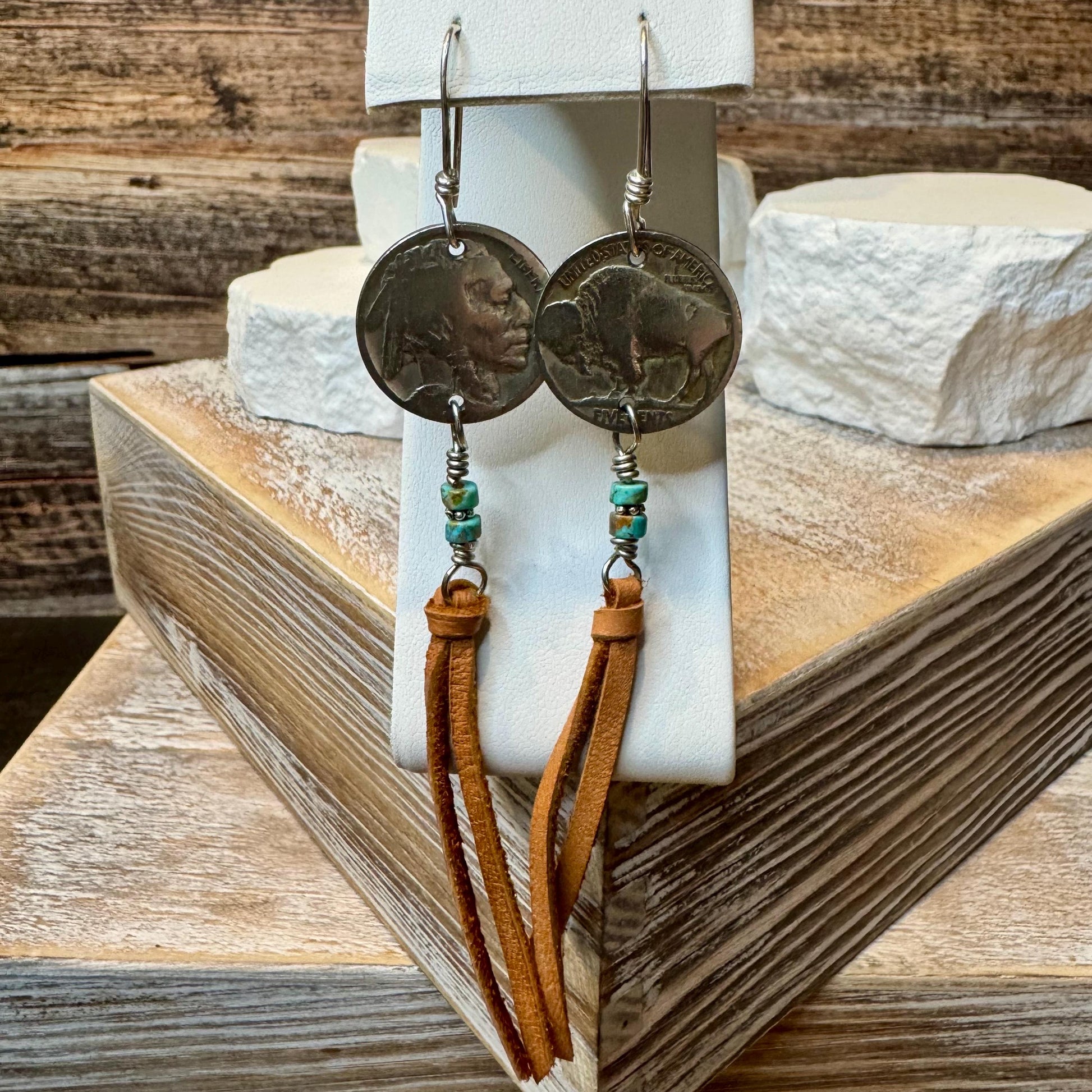 Indian head buffalo nickel earrings with deerskin leather and turquoise gemstone / leather earrings