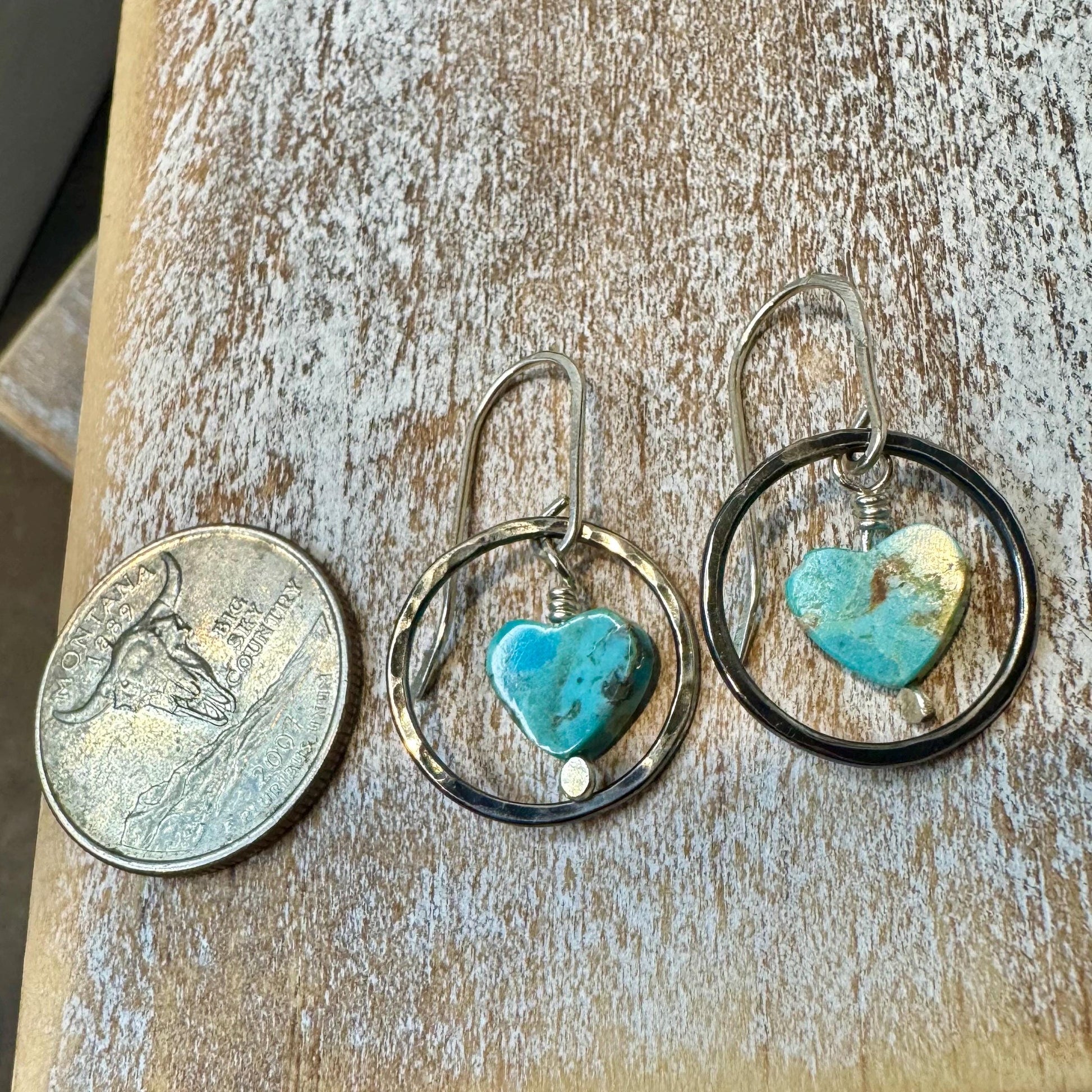 Kingman turquoise heart shaped gemstone earrings with sterling silver oxidized hammered circles / turquoise earrings