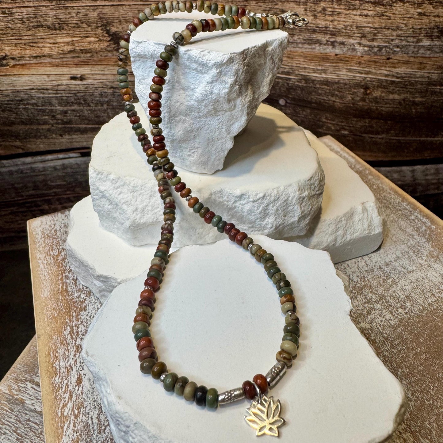 Picasso Red Creek Jasper gemstone necklace with sterling silver spacers and lotus flower pendant