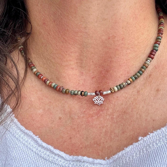 Picasso Red Creek Jasper gemstone necklace with sterling silver spacers and lotus flower pendant