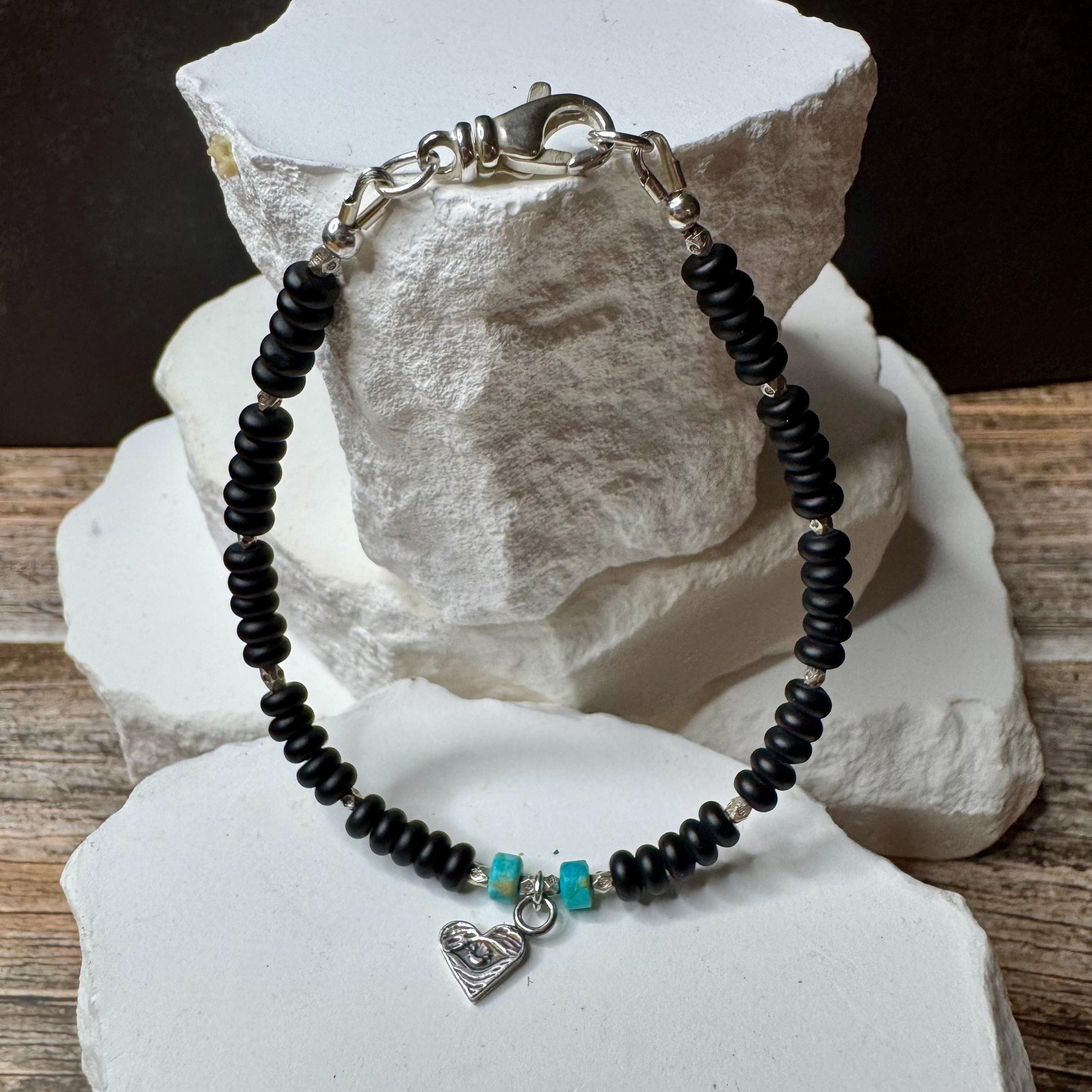 Sterling Silver Black Onyx Turqoise Bracelet, Gemstone Charm Bracelet, Heart Eye Charm Bracelet, Unisex Onyx Bracelet