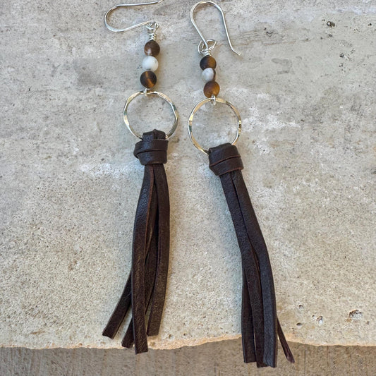 Leather earrings with sterling circle and petrified wood gemstone dangle / genuine leather earrings