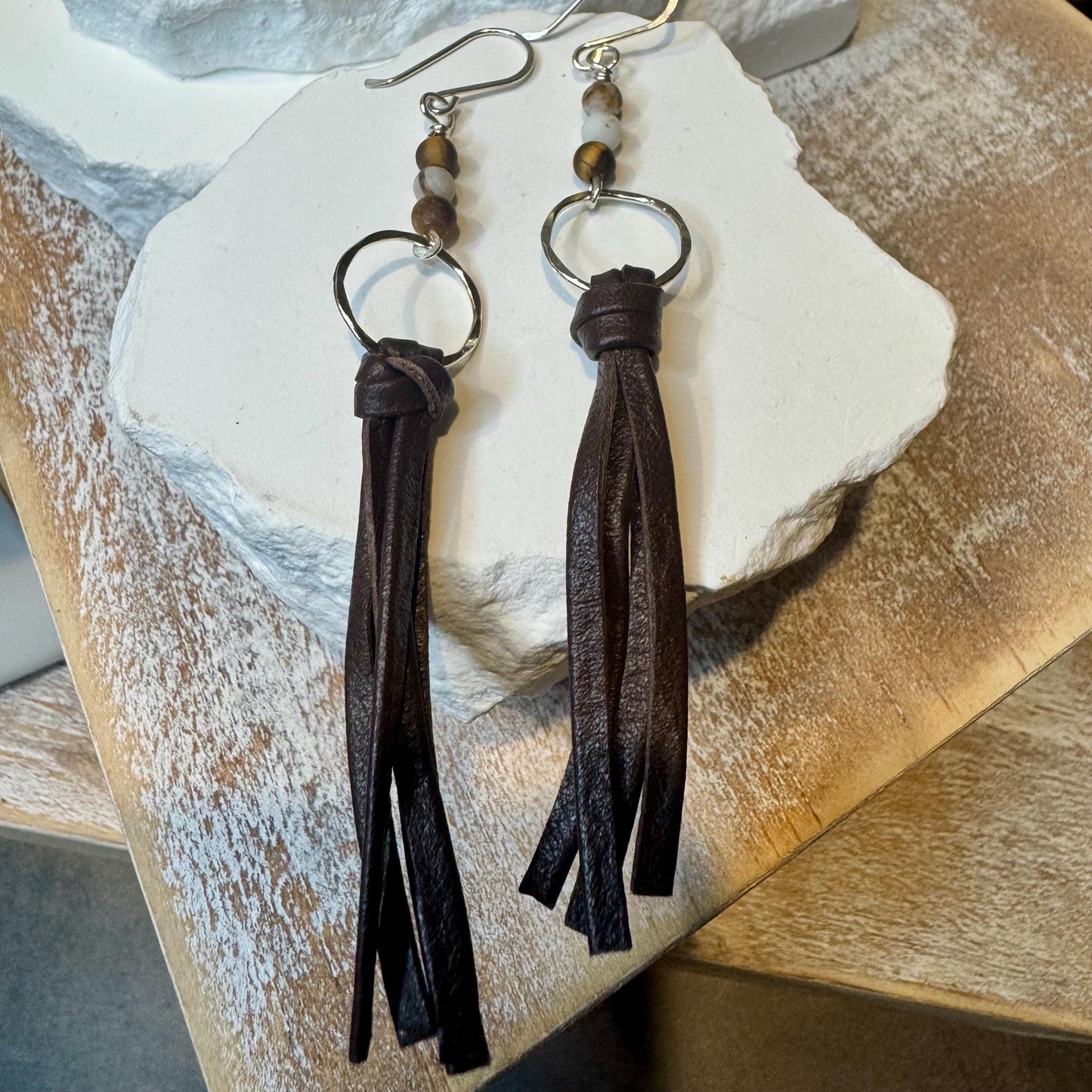 Leather earrings with sterling circle and petrified wood gemstone dangle / genuine leather earrings