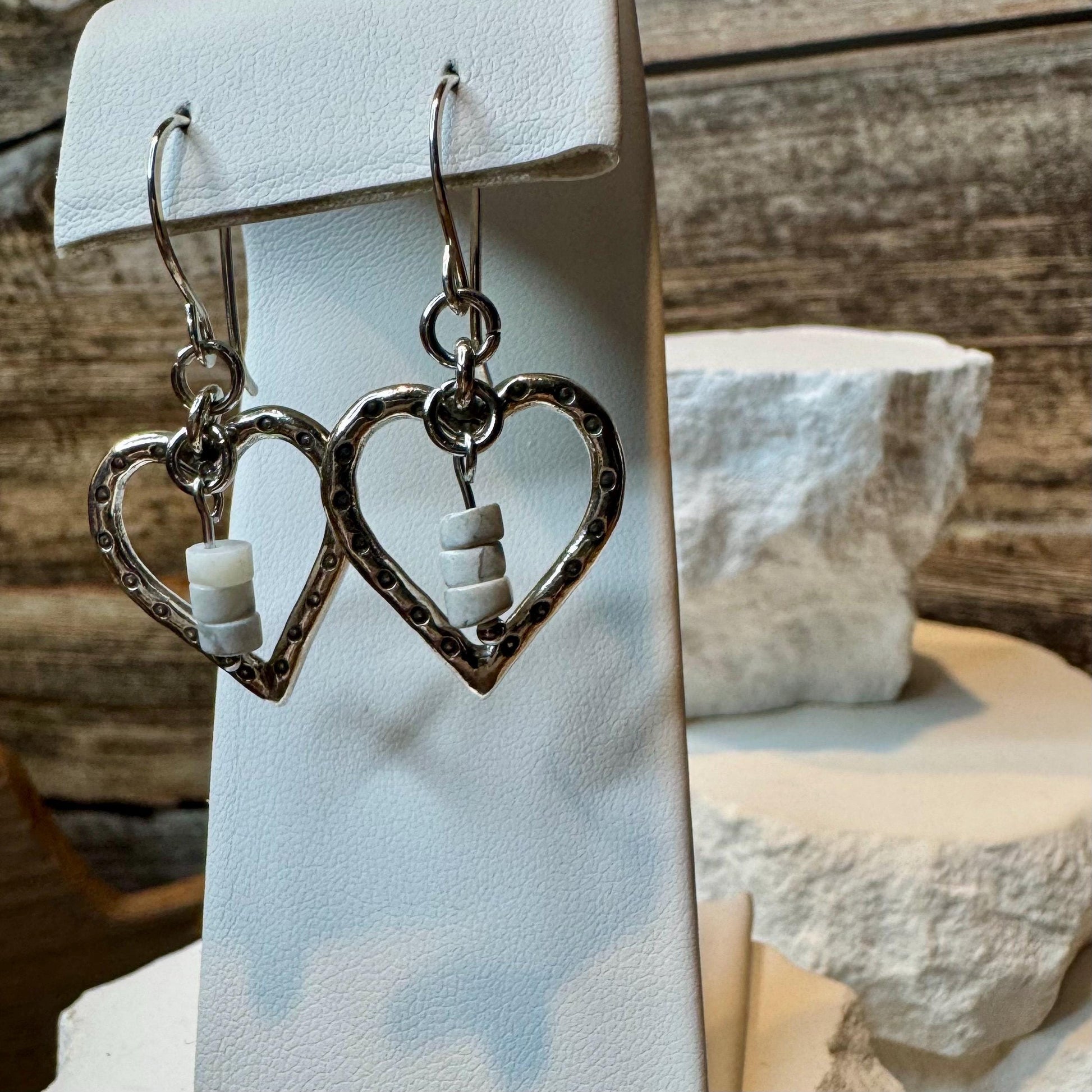 Silver Heart Dangle Earrings, White Howlite Stone, Gemstone Earrings, Sterling Silver Jewelry, Perfect Gift for Her
