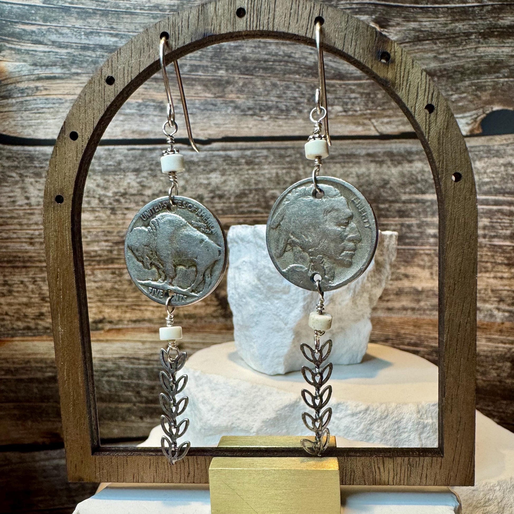 Indian head buffalo nickel earrings with chain and white turquoise gemstone / coin earrings