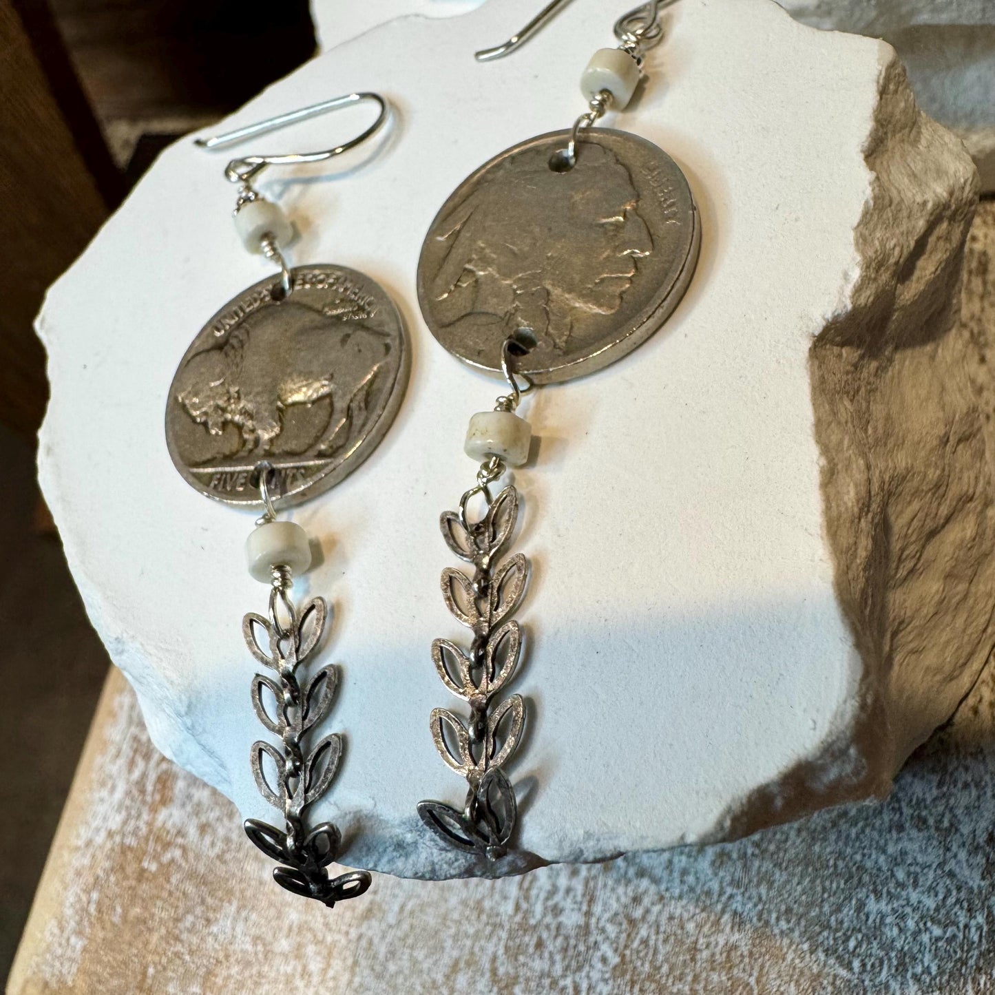 Indian head buffalo nickel earrings with chain and white turquoise gemstone / coin earrings