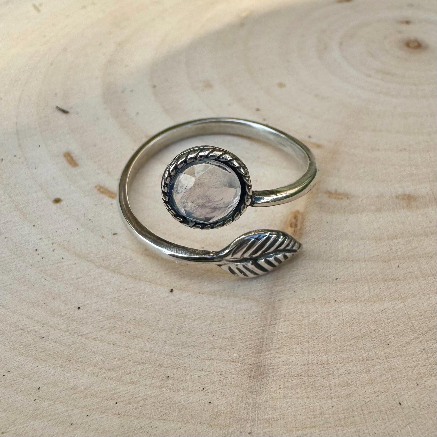 Sterling Silver Rainbow Moonstone Ring, Open Adjustable Ring, Leaf Accent Jewelry, Unique Gemstone Gift