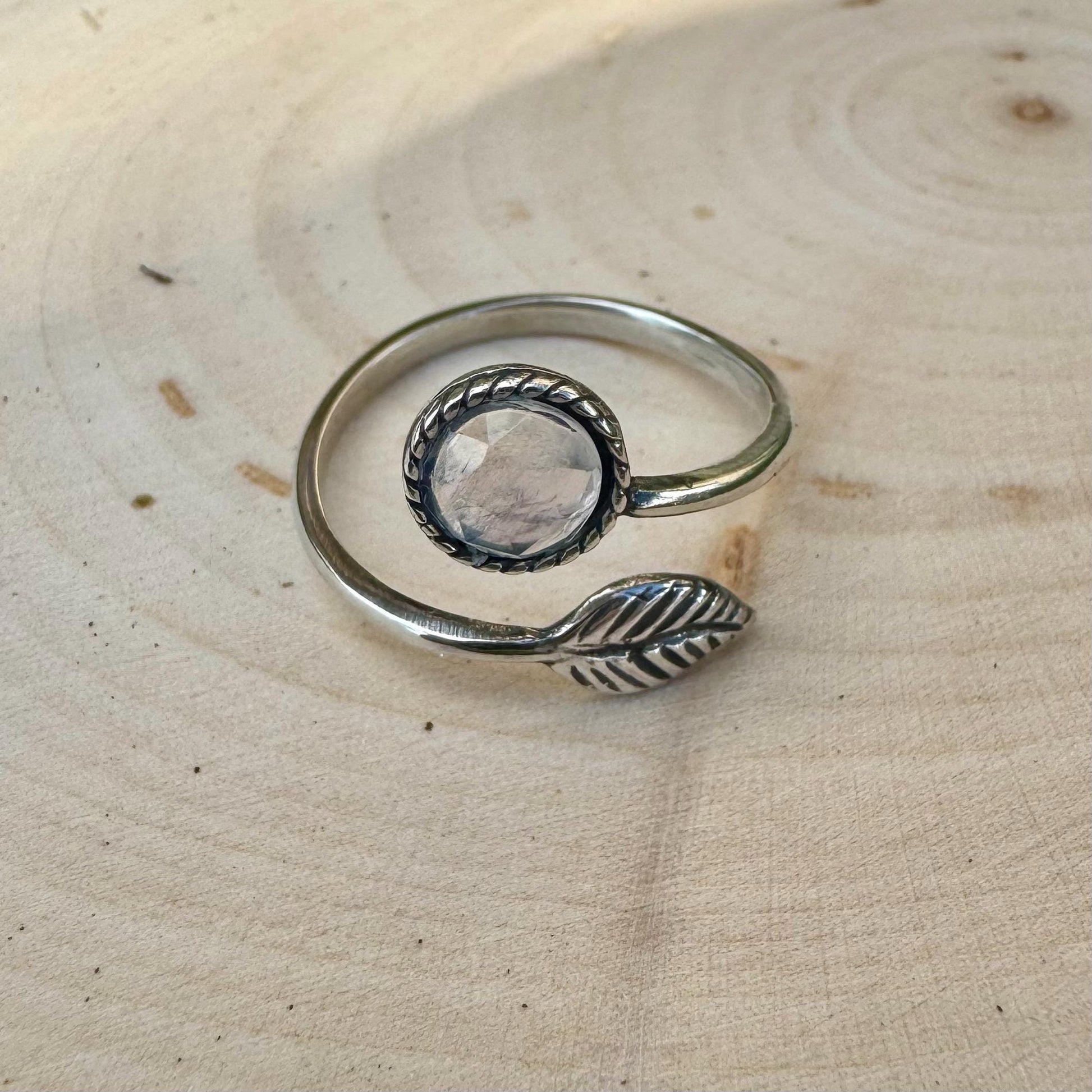 Sterling Silver Rainbow Moonstone Ring, Open Adjustable Ring, Leaf Accent Jewelry, Unique Gemstone Gift