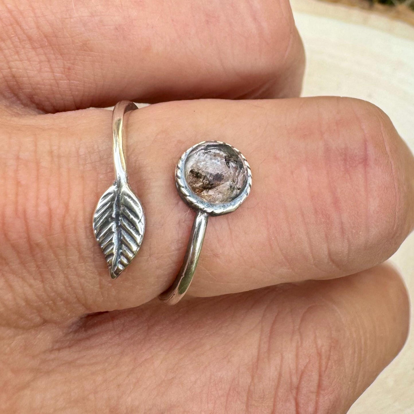 Sterling Silver Open Bezel Black Herkimer Gemstone Ring, Adjustable Leaf Accent Ring, Gemstone Jewelry, Gift for Her