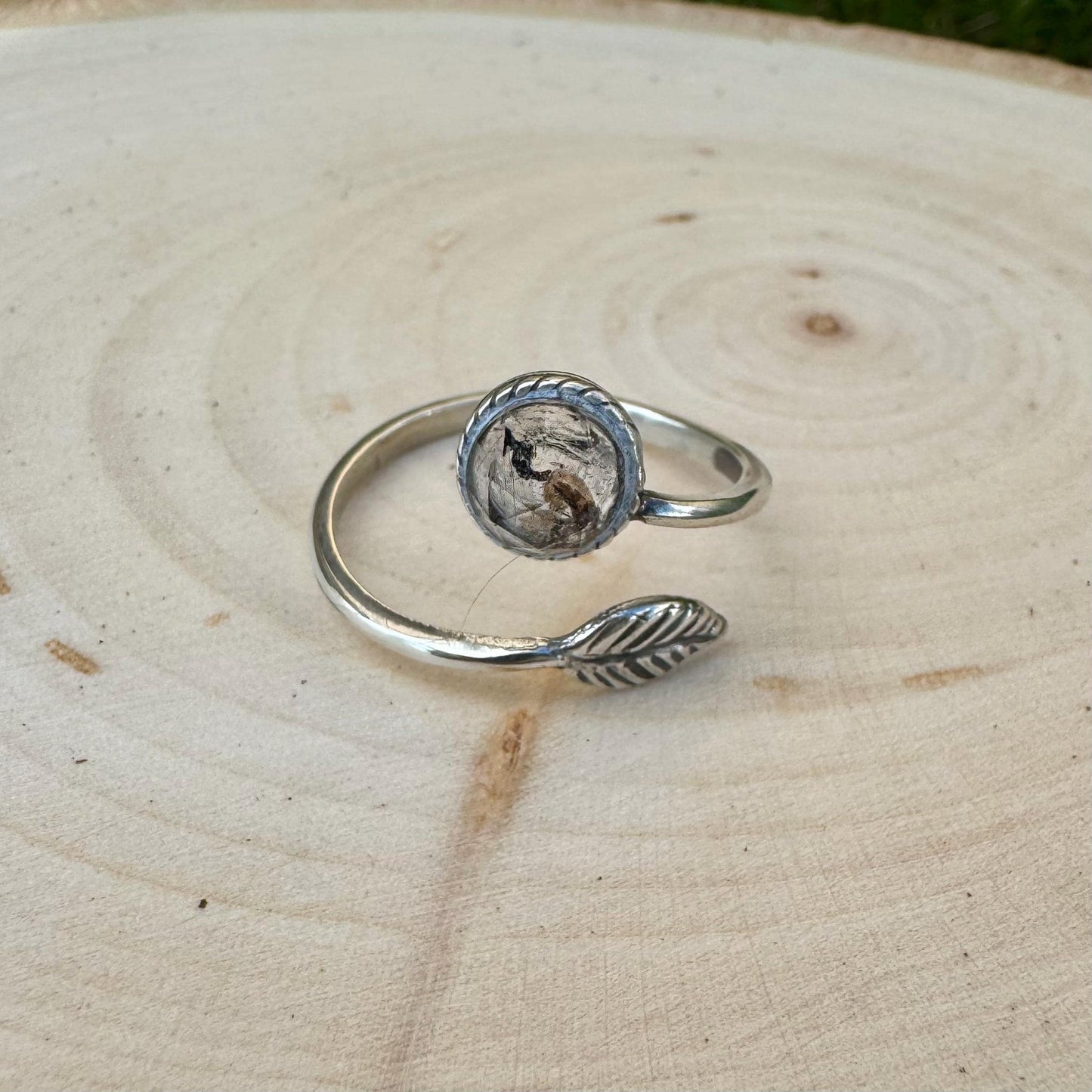 Sterling Silver Open Bezel Black Herkimer Gemstone Ring, Adjustable Leaf Accent Ring, Gemstone Jewelry, Gift for Her