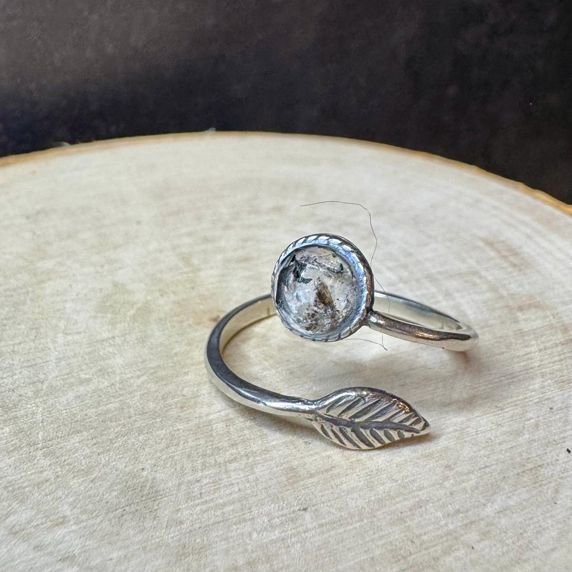 Sterling Silver Open Bezel Black Herkimer Gemstone Ring, Adjustable Leaf Accent Ring, Gemstone Jewelry, Gift for Her