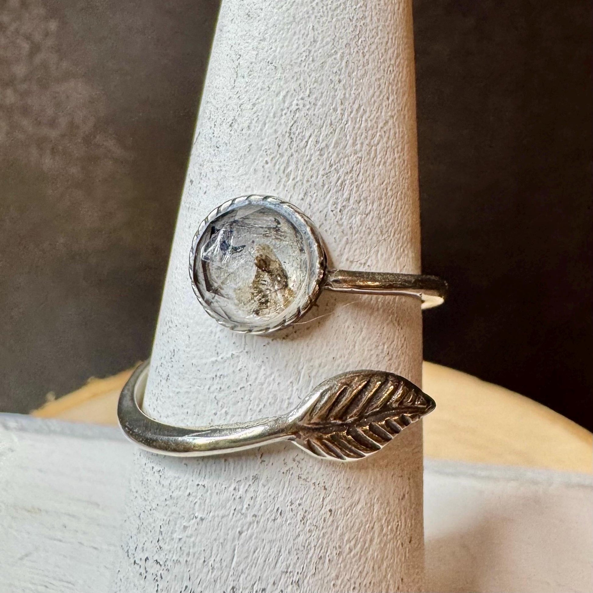 Sterling Silver Open Bezel Black Herkimer Gemstone Ring, Adjustable Leaf Accent Ring, Gemstone Jewelry, Gift for Her
