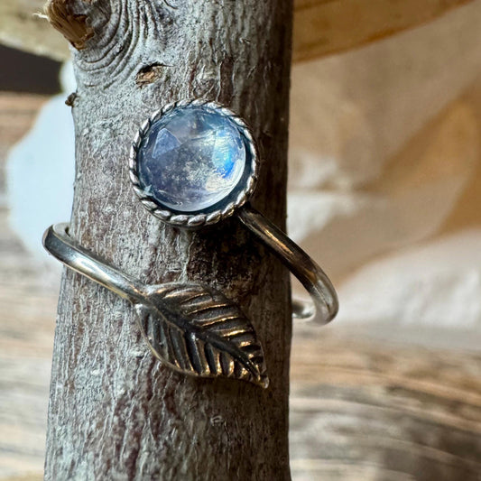 Sterling Silver Rainbow Moonstone Ring, Open Adjustable Ring, Leaf Accent Jewelry, Unique Gemstone Gift