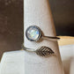 Sterling Silver Rainbow Moonstone Ring, Open Adjustable Ring, Leaf Accent Jewelry, Unique Gemstone Gift