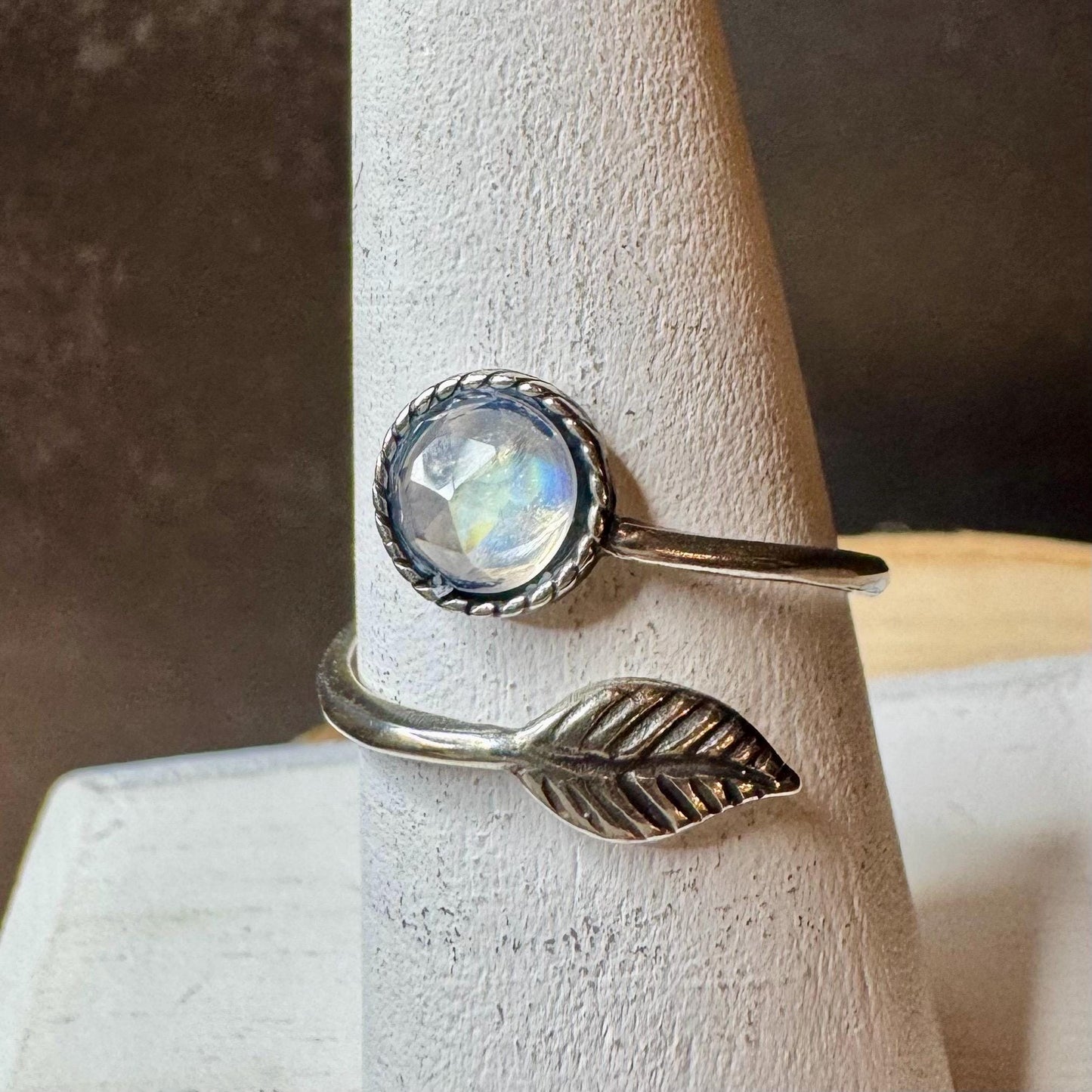 Sterling Silver Rainbow Moonstone Ring, Open Adjustable Ring, Leaf Accent Jewelry, Unique Gemstone Gift