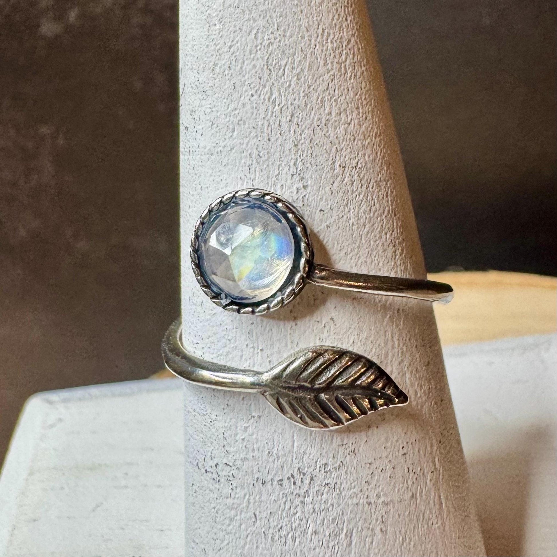 Sterling Silver Rainbow Moonstone Ring, Open Adjustable Ring, Leaf Accent Jewelry, Unique Gemstone Gift