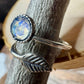 Sterling Silver Rainbow Moonstone Ring, Open Adjustable Ring, Leaf Accent Jewelry, Unique Gemstone Gift