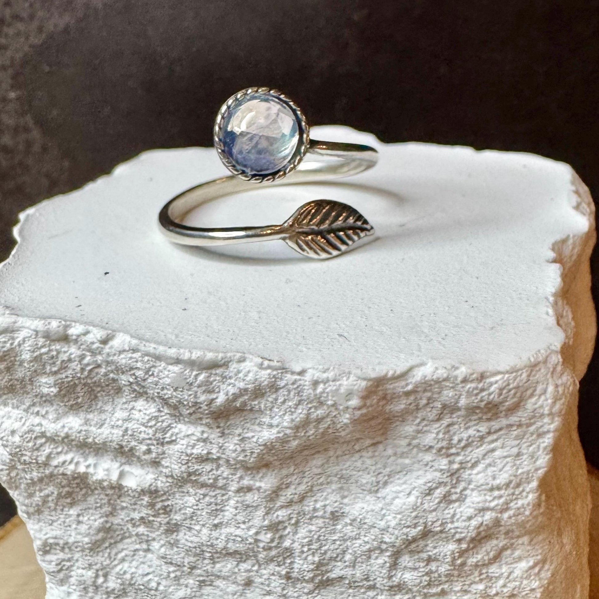 Sterling Silver Rainbow Moonstone Ring, Open Adjustable Ring, Leaf Accent Jewelry, Unique Gemstone Gift