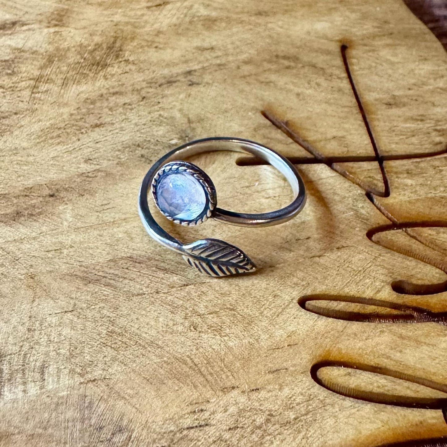 Sterling Silver Rainbow Moonstone Ring, Open Adjustable Ring, Leaf Accent Jewelry, Unique Gemstone Gift