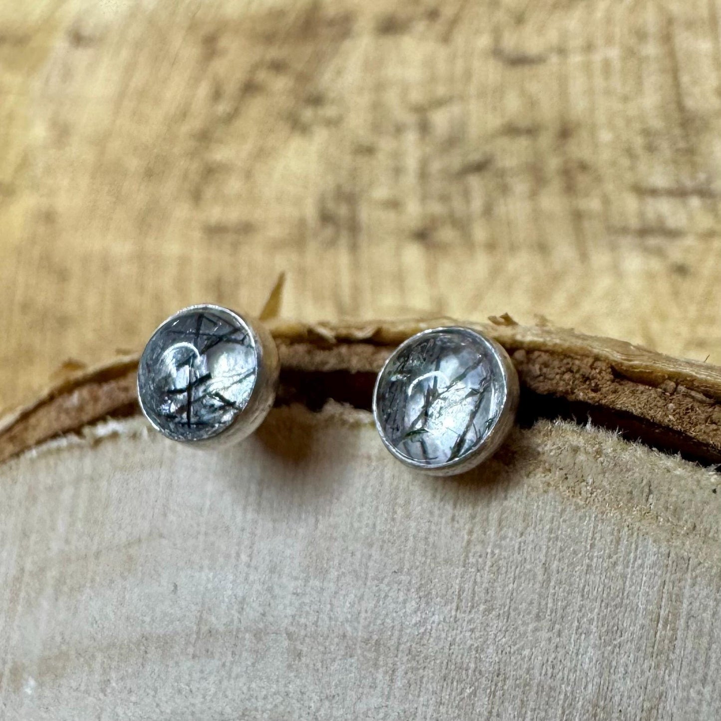 Rutilated Quartz Stud Earrings, Tiny Sterling Silver Post Earrings, Minimalist Jewelry, Gift for Her, Dainty Earrings