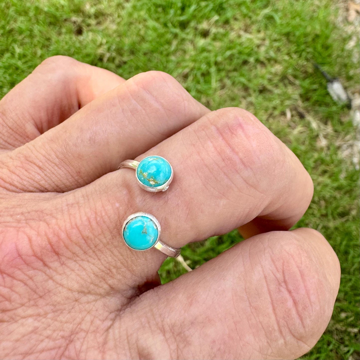 Sterling Silver Open Double Bezel Kingman Turquoise Gemstone Ring, Adjustable Accent Ring, Turquoise Jewelry, Gift for Her, 4mm or 6mm Bezel