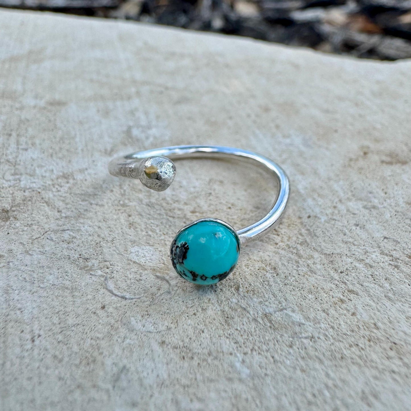 Sterling Silver Open Bezel Kingman Turquoise Gemstone Ring, Adjustable Accent Ring, Turquoise Jewelry, 4mm or 6mm Bezel with Ball End