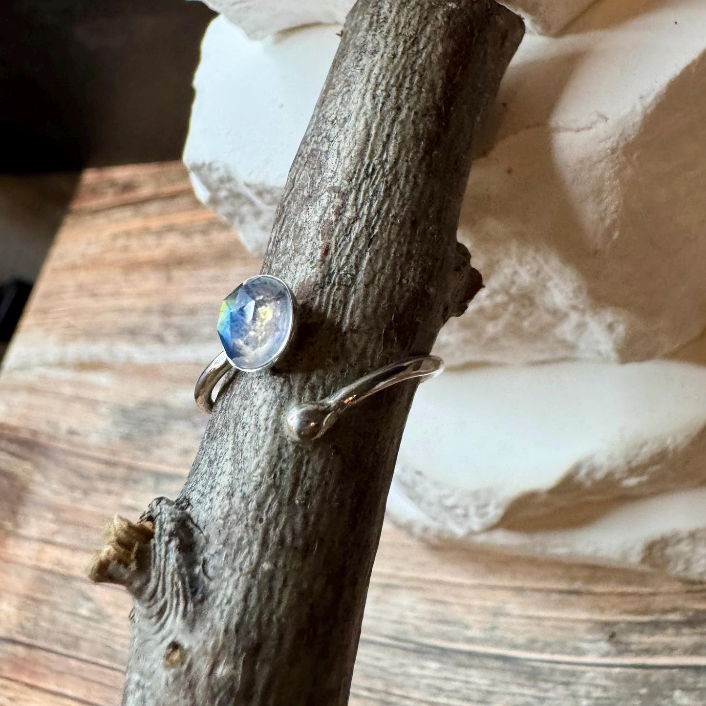 Sterling Silver Rainbow Moonstone Ring, Open Adjustable Ring, Ball End Accent, Gemstone Gift, Unique Gift